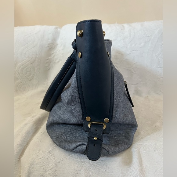 Anthropologie Blue Fabric and Leather Look Handbag with Metal Detail - Picture 4 of 9